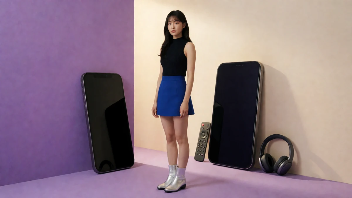 成年女性穿深色上衣与蓝色短裙，站在紫色布景与黑色竖屏道具之间